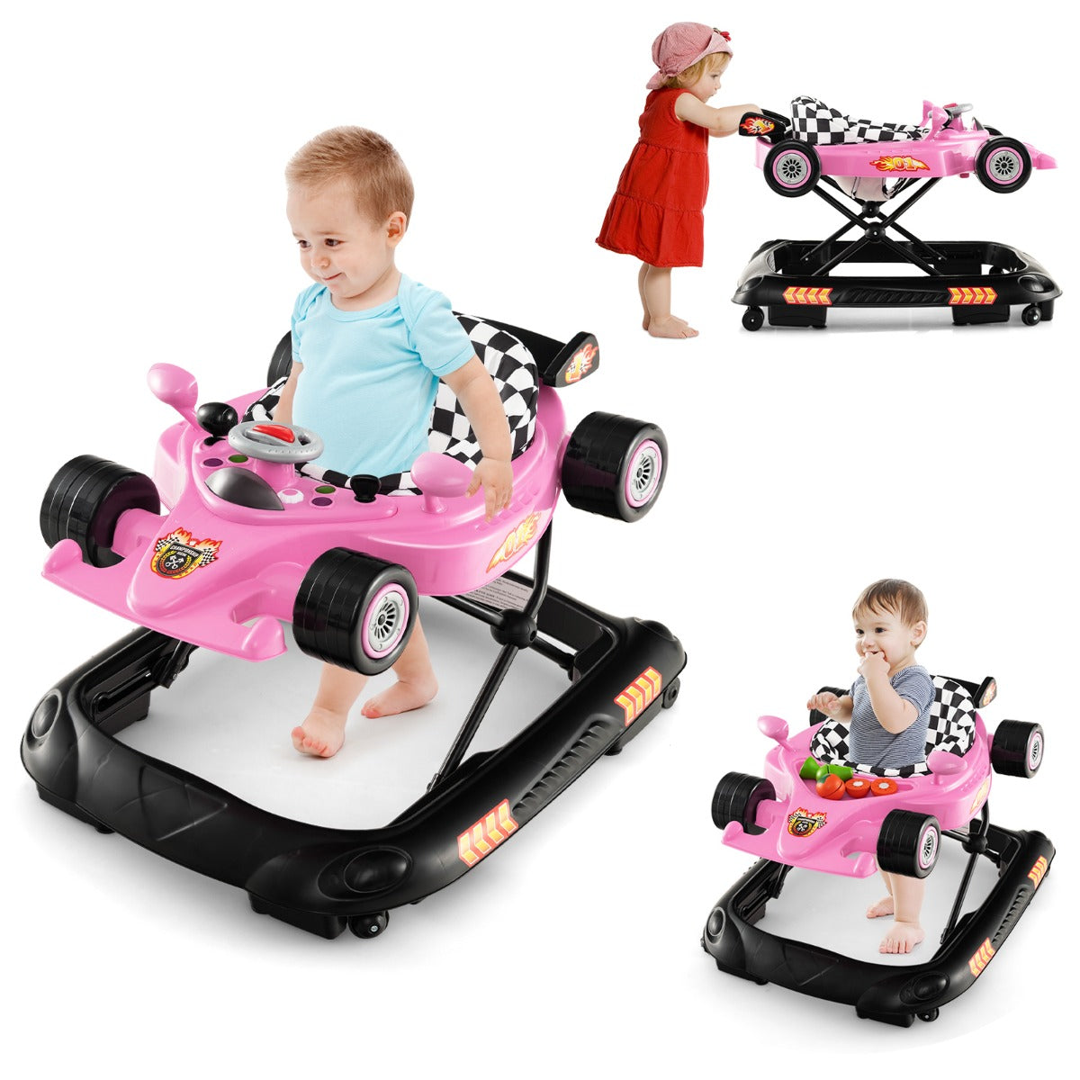 LIVSK Loopstoeltje - Raceauto Ontwerp - 3 Verstelbare Hoogtes - Interactieve Functies - Veilig en Comfortabel - Roze