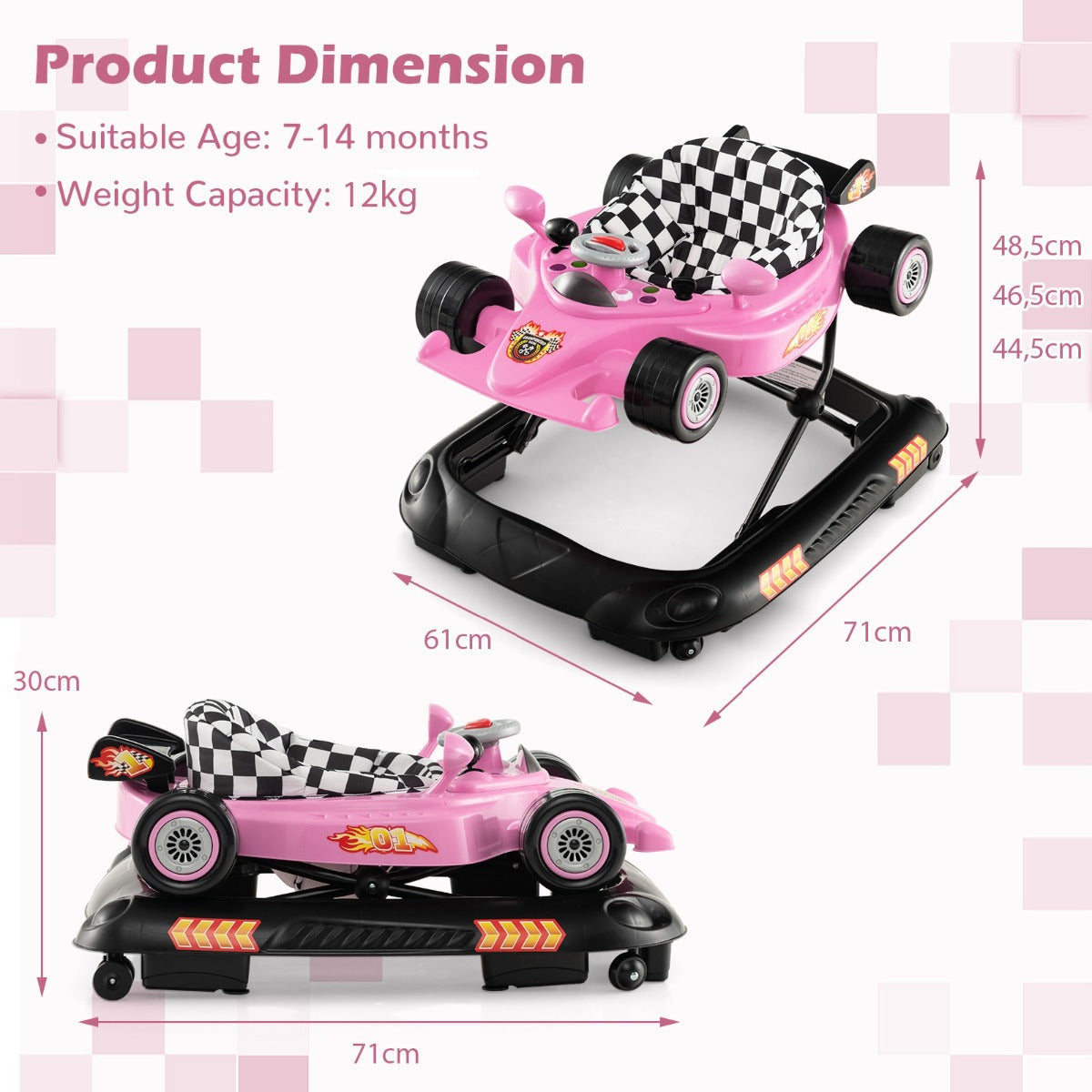 LIVSK Loopstoeltje - Raceauto Ontwerp - 3 Verstelbare Hoogtes - Interactieve Functies - Veilig en Comfortabel - Roze