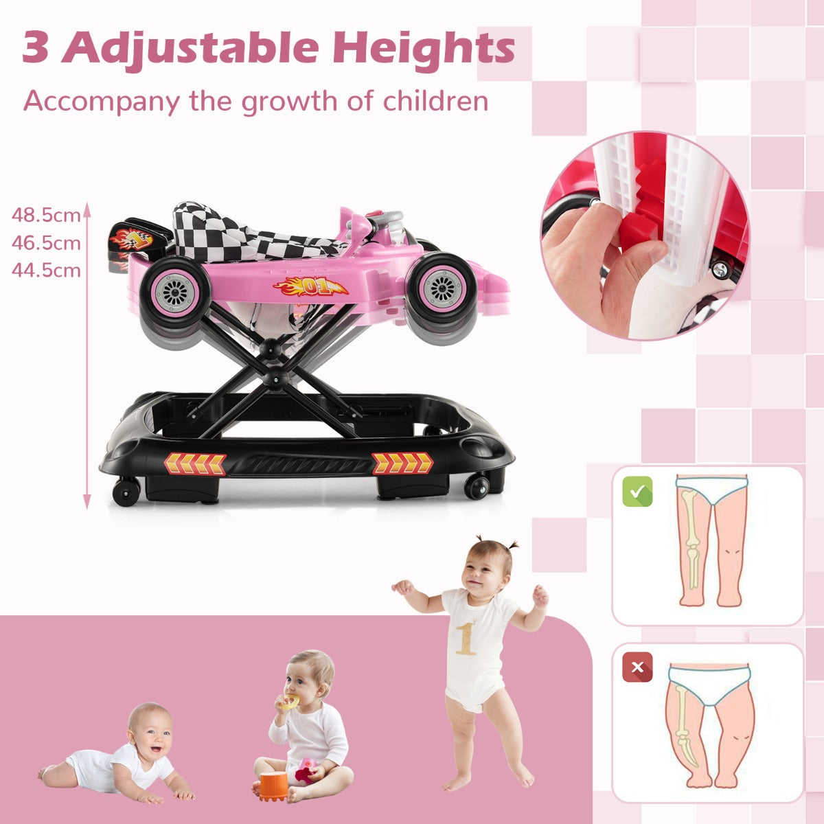 LIVSK Loopstoeltje - Raceauto Ontwerp - 3 Verstelbare Hoogtes - Interactieve Functies - Veilig en Comfortabel - Roze