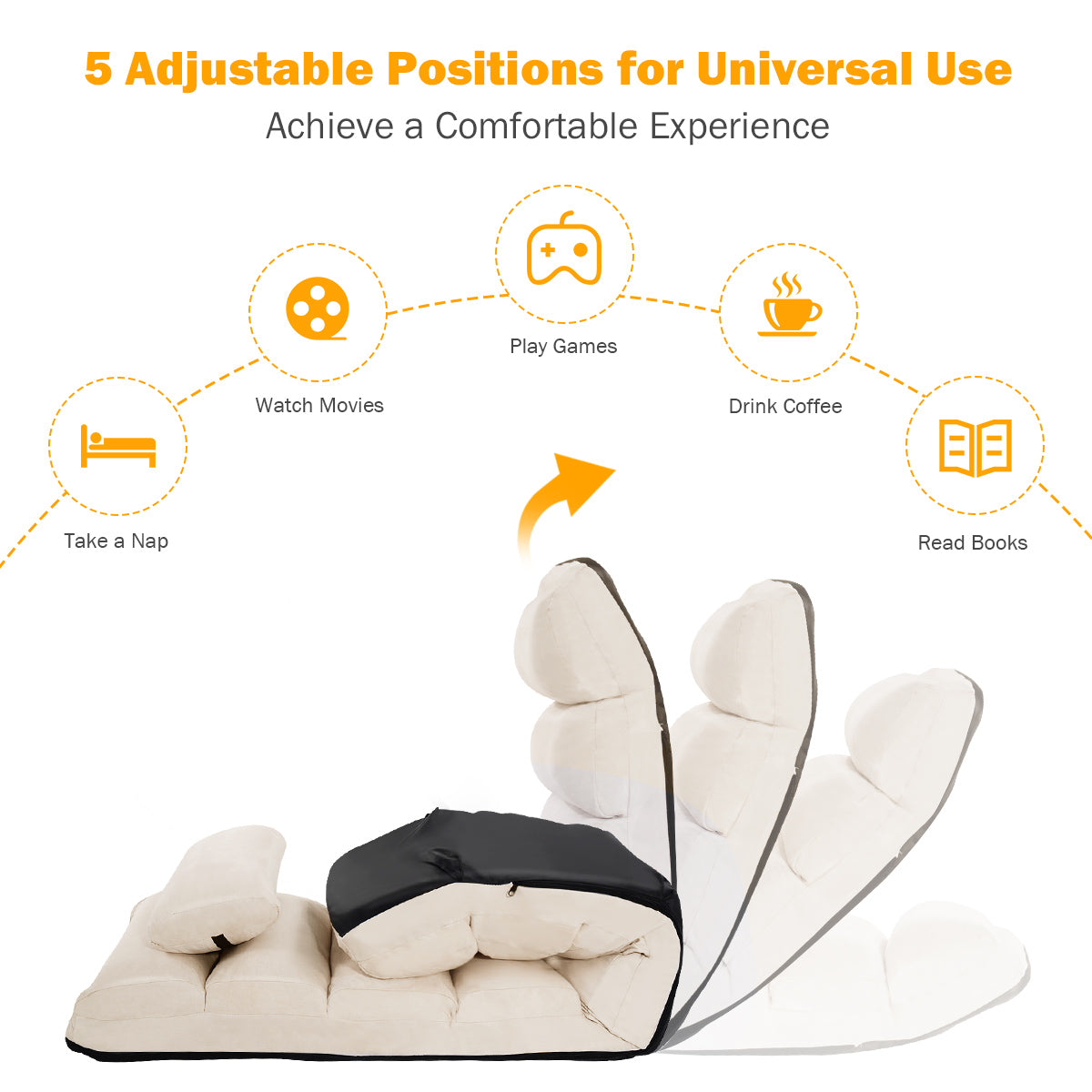 LIVSK Opvouwbare Luie Bank - 5 Verstelbare Posities - Gewatteerd Kunstsuède - Draagvermogen 100 kg - 175 x 55 x 25 cm - Beige