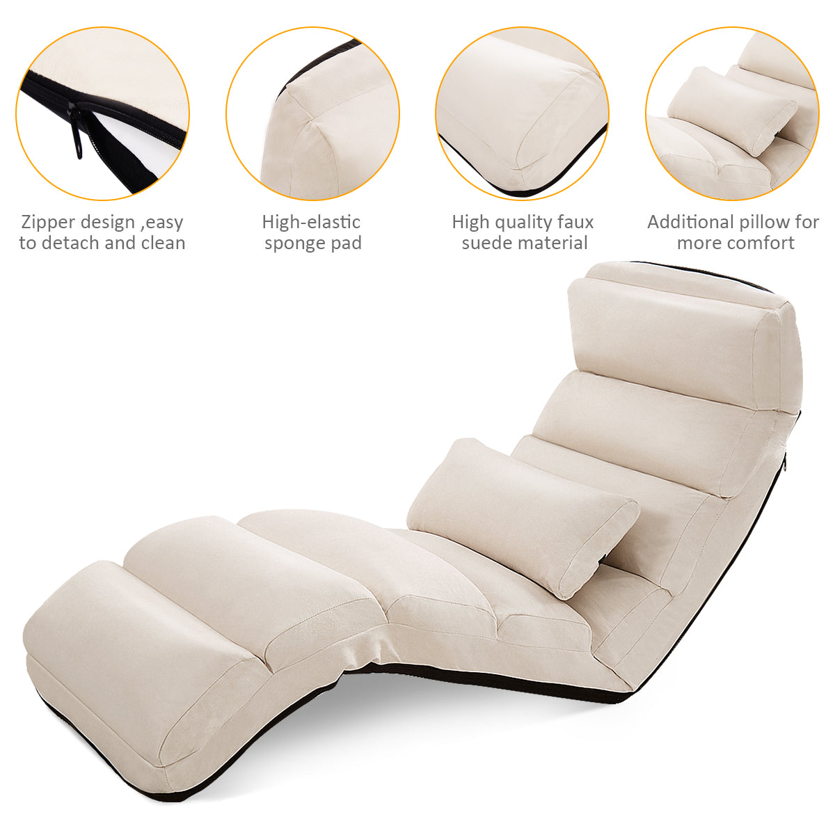 LIVSK Opvouwbare Luie Bank - 5 Verstelbare Posities - Gewatteerd Kunstsuède - Draagvermogen 100 kg - 175 x 55 x 25 cm - Beige