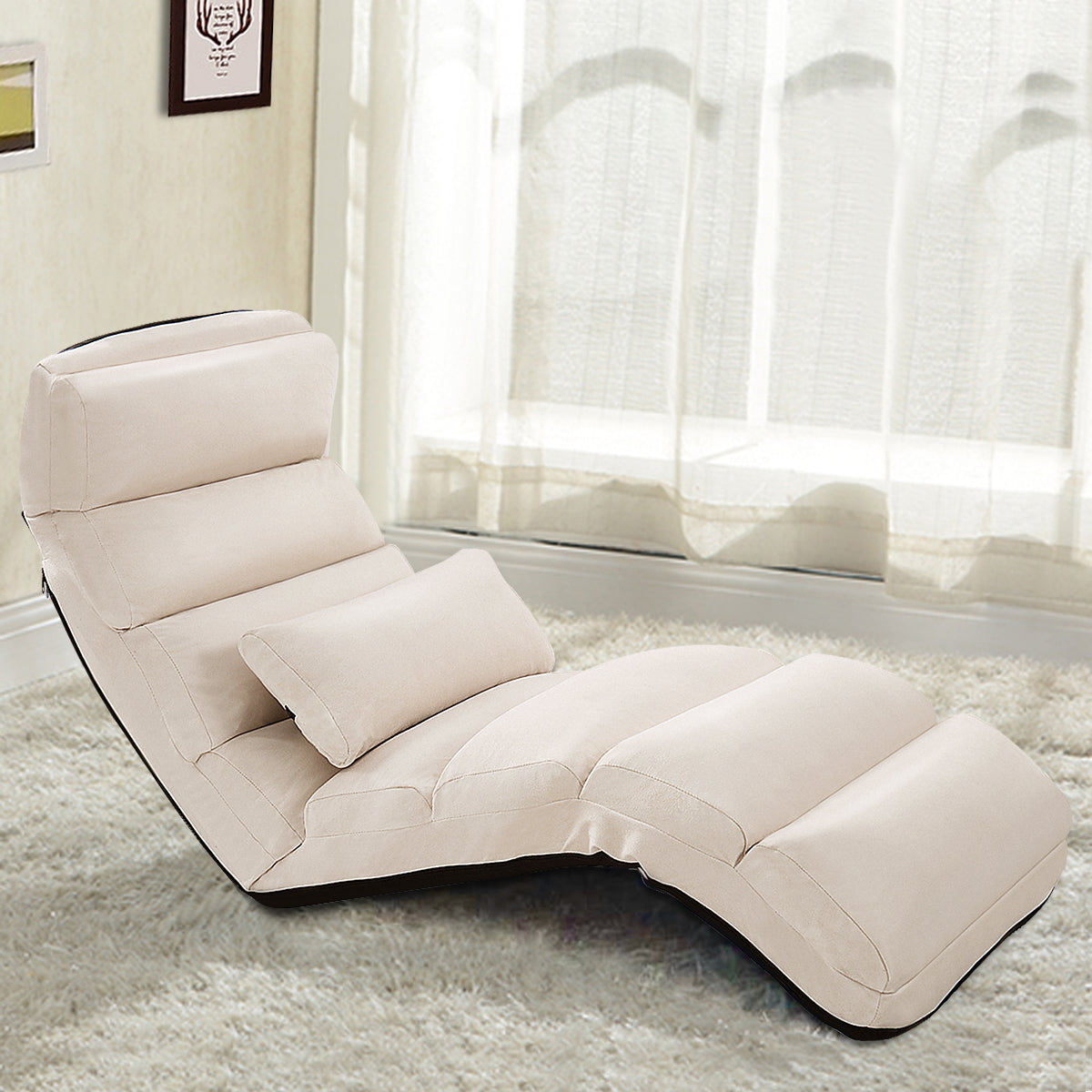LIVSK Opvouwbare Luie Bank - 5 Verstelbare Posities - Gewatteerd Kunstsuède - Draagvermogen 100 kg - 175 x 55 x 25 cm - Beige