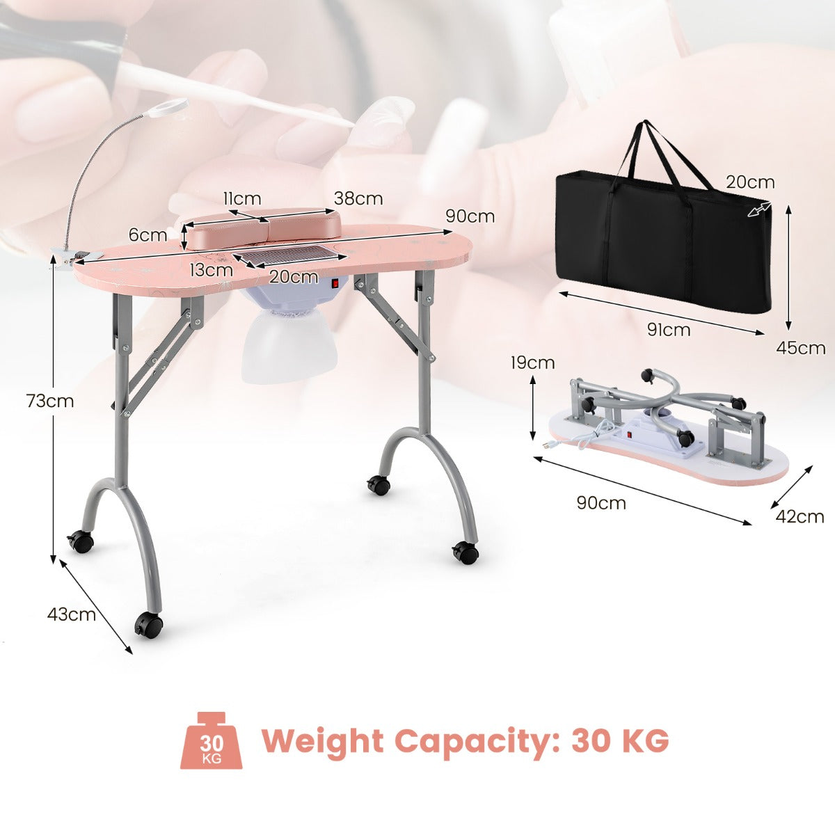 LIVSK Opvouwbare Manicure Tafel met Elektrische Stofzuiger - Draagbaar - Flexibele LED - verlichting - Zachte Polssteun - Roze