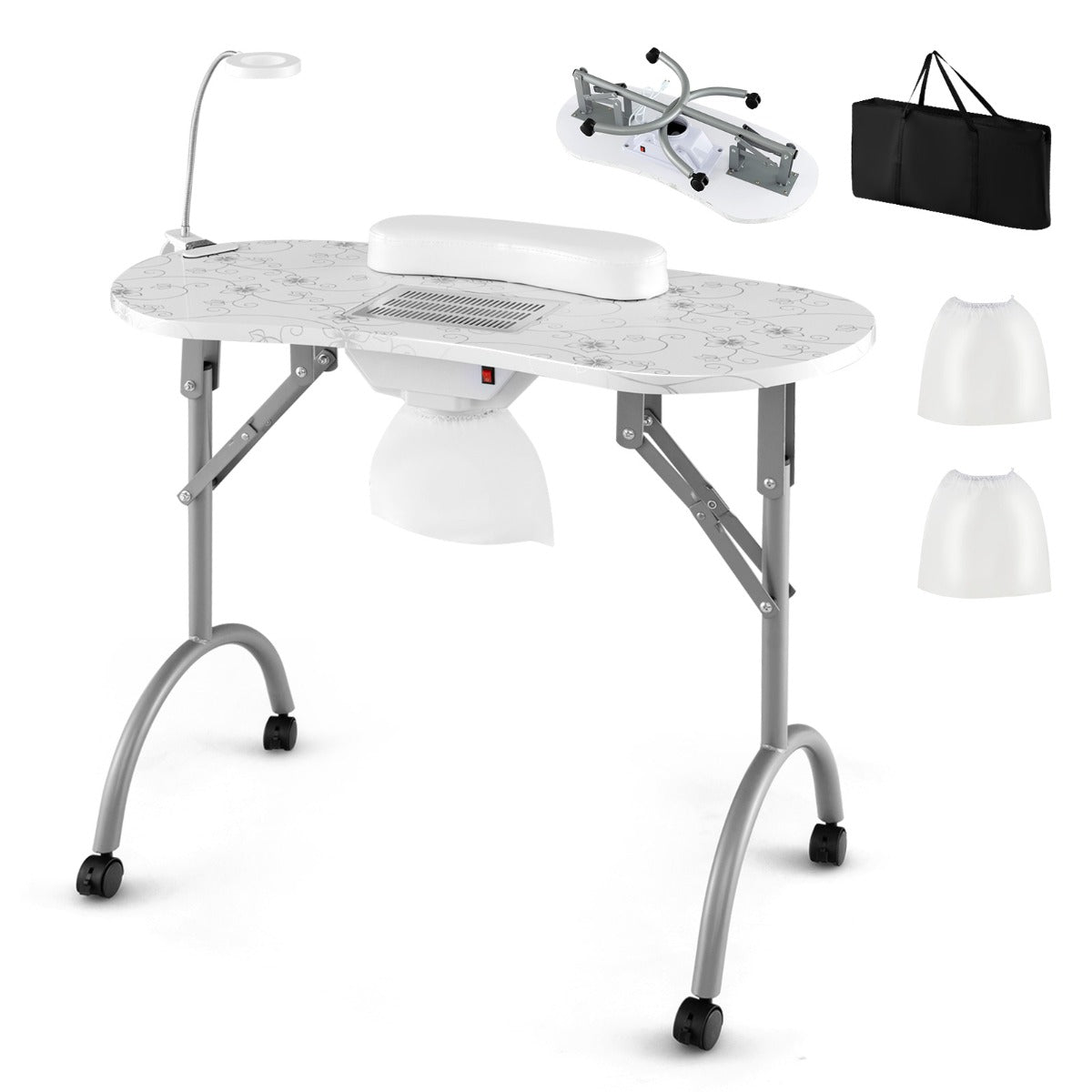 LIVSK Verrijdbare Manicuretafel - Ingebouwde Stofafzuiger - Flexibele LED-lamp - Opvouwbaar met Draagtas - Tot 30 kg - Wit