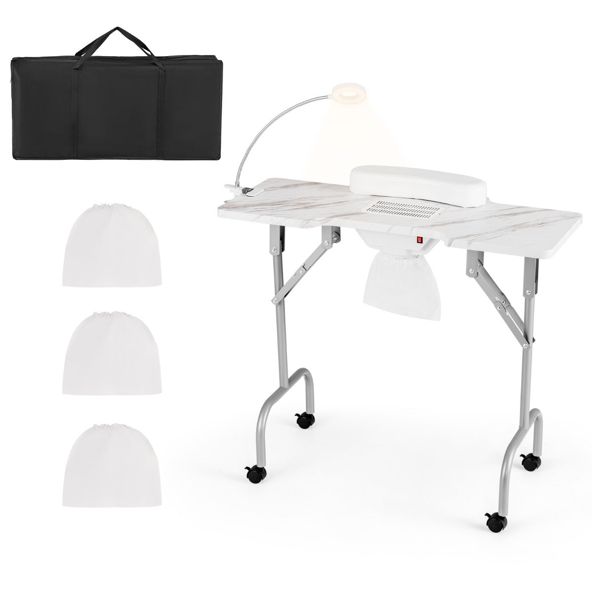 LIVSK Opvouwbare Manicuretafel met Elektrische Stofafzuiging - LED-Verlichting - Draagbaar en Mobiel - 90 x 40 x 77 cm - Wit/Zwart
