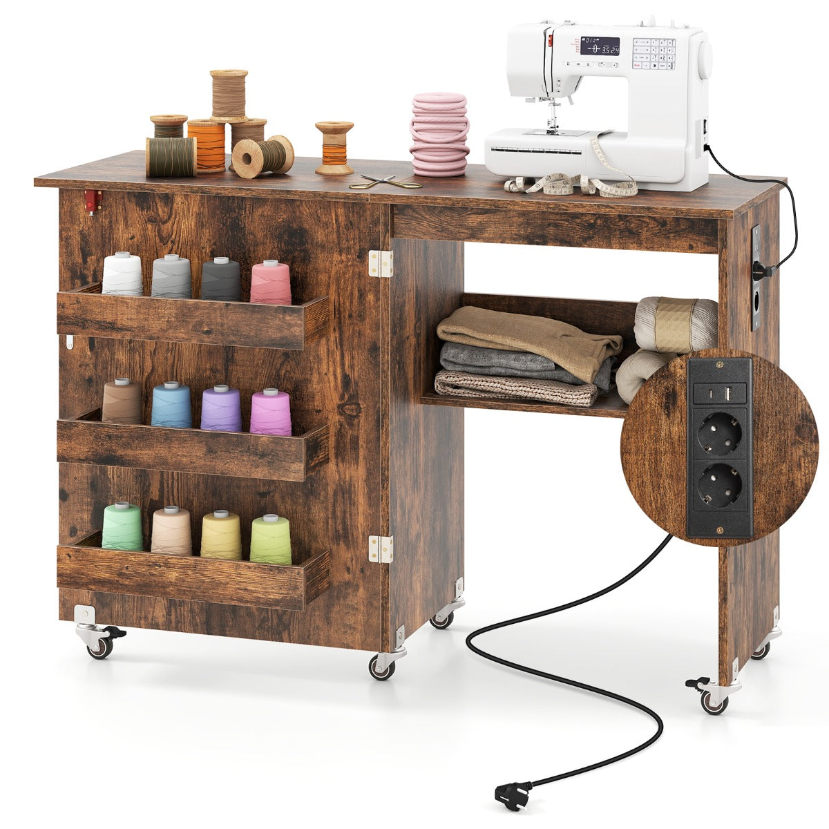 LIVSK Opklapbare Naaitafel - Oplaadstation met USB en Type-C - 5 Wielen - Ruime Opbergruimte - 116 x 41 x 78 cm - Walnoot