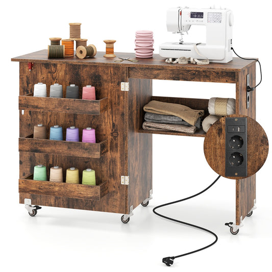 LIVSK Opklapbare Naaitafel - Oplaadstation met USB en Type-C - 5 Wielen - Ruime Opbergruimte - 116 x 41 x 78 cm - Walnoot
