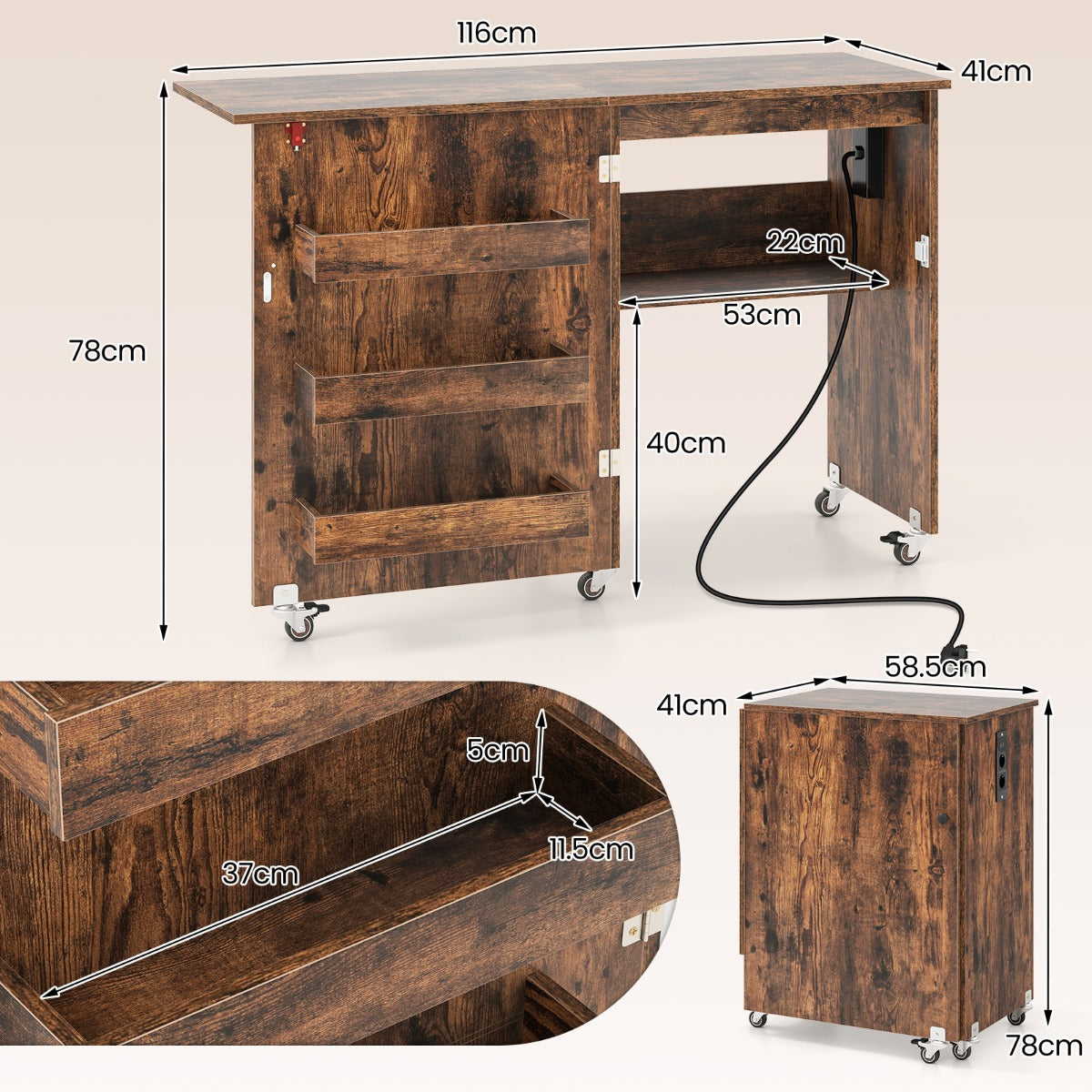 LIVSK Opklapbare Naaitafel - Oplaadstation met USB en Type-C - 5 Wielen - Ruime Opbergruimte - 116 x 41 x 78 cm - Walnoot