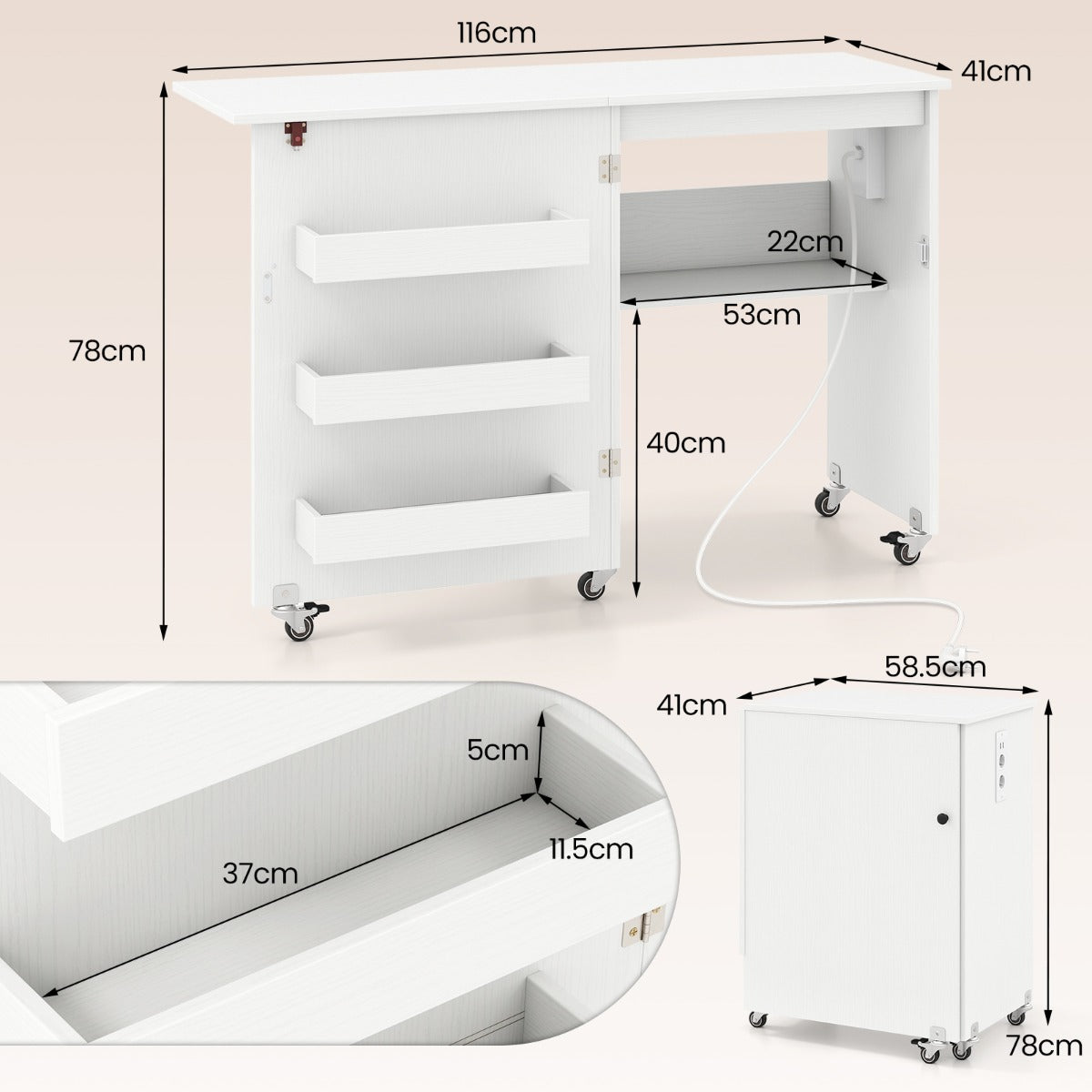 LIVSK Opklapbare Naaitafel met Oplaadstation - Ruimtebesparend en Verrijdbaar - 116 x 41 x 78 cm - Wit