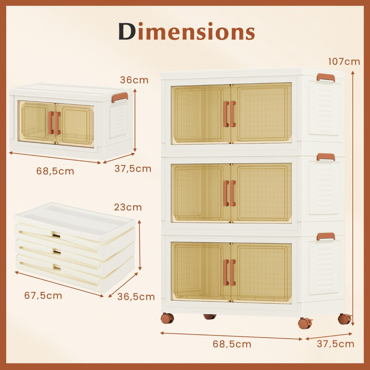LIVSK Opvouwbare Stapelbare Opbergcontainers 210L/280L - Magnetische Deuren - Wielen met Rem - 4-Pack - Wit en Bruin