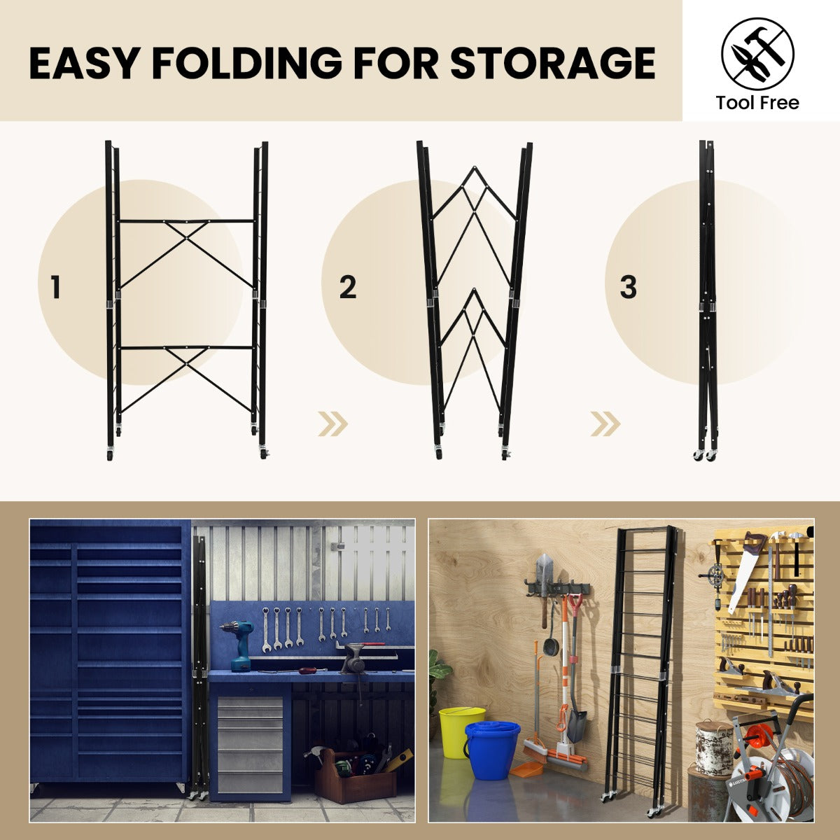 LIVSK 3-in-1 Opbergrek - Verstelbare Vrijstaande Planken - Opvouwbaar met Wielen - Tot 85 kg - 76 x 34,5 x 153 cm - Zwart