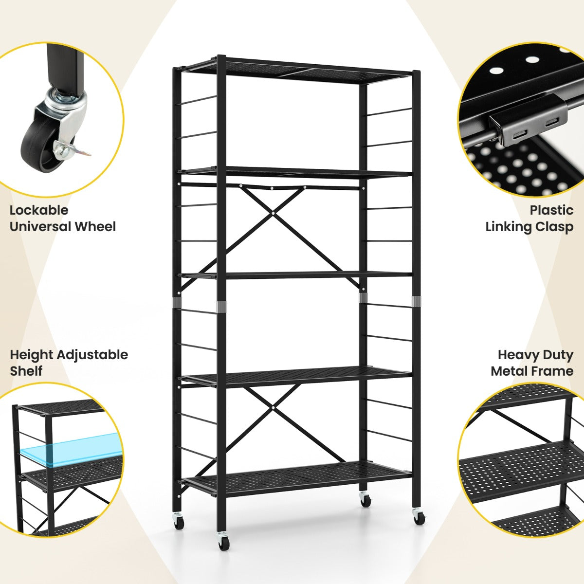 LIVSK 3-in-1 Opbergrek - Verstelbare Vrijstaande Planken - Opvouwbaar met Wielen - Tot 85 kg - 76 x 34,5 x 153 cm - Zwart