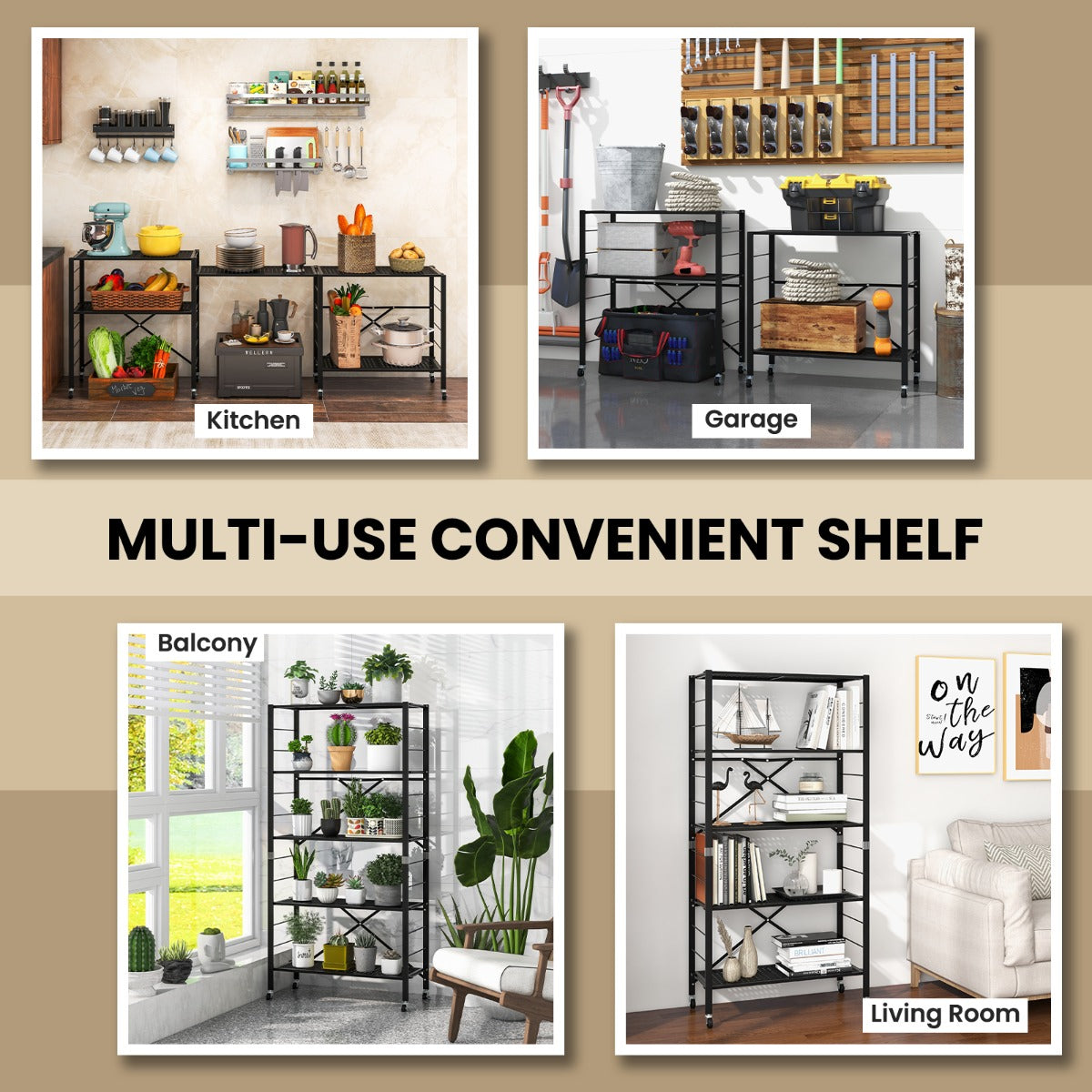 LIVSK 3-in-1 Opbergrek - Verstelbare Vrijstaande Planken - Opvouwbaar met Wielen - Tot 85 kg - 76 x 34,5 x 153 cm - Zwart