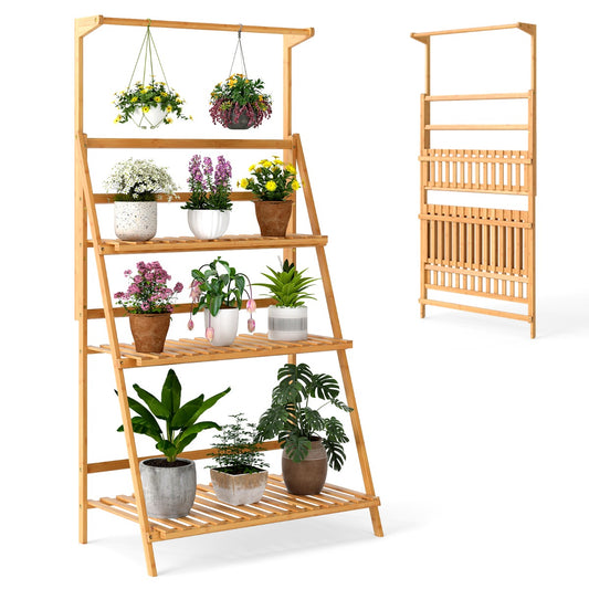 Livsk costway opvouwbare plantenstandaard bloemenladder plantenladder van bamboe bloemenstandaard met verstelbare hangstang en 3 planken