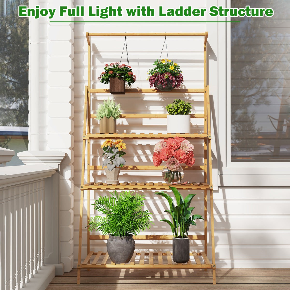Livsk costway opvouwbare plantenstandaard bloemenladder plantenladder van bamboe bloemenstandaard met verstelbare hangstang en 3 planken
