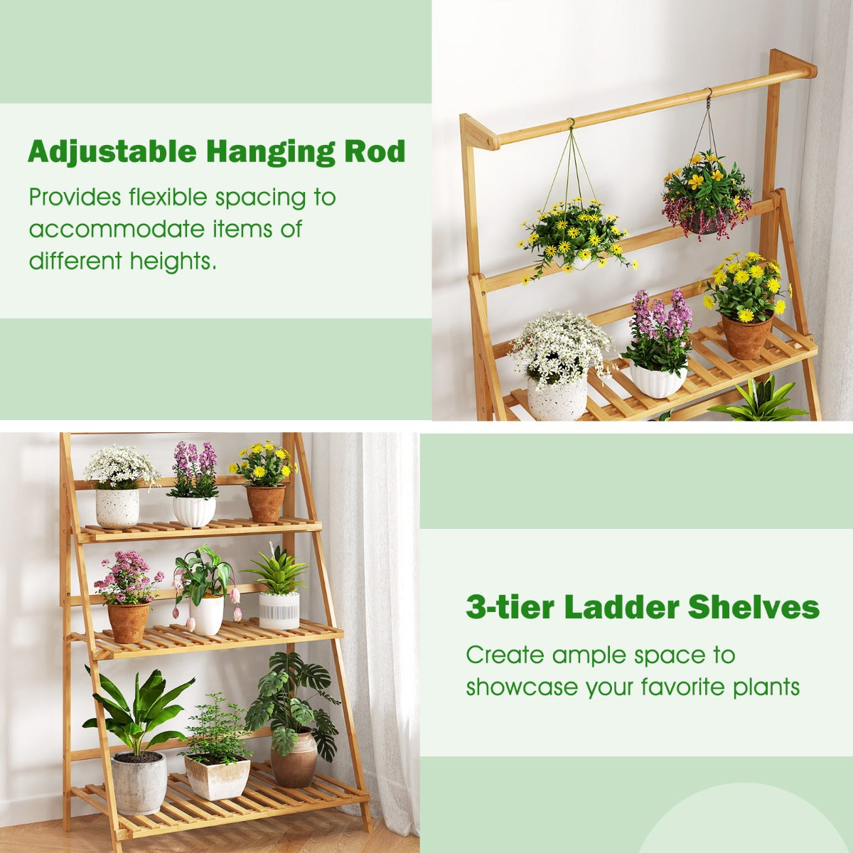 Livsk costway opvouwbare plantenstandaard bloemenladder plantenladder van bamboe bloemenstandaard met verstelbare hangstang en 3 planken