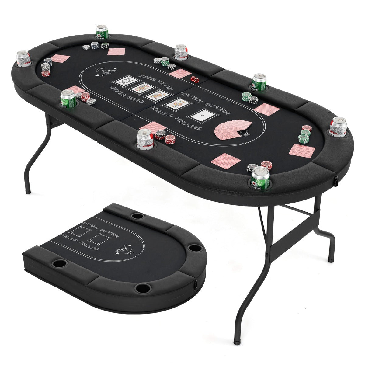LIVSK Opvouwbare Pokertafel - Voor 8 Spelers - Viltoppervlak - Gevoerde Leuningen - Bekerhouders - 182 x 82 x 75 cm - Zwart