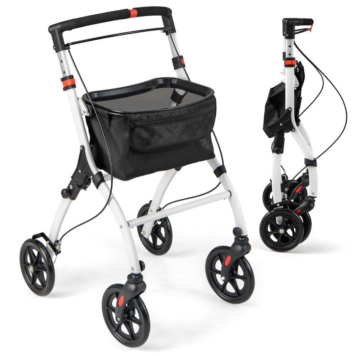 LIVSK Lichtgewicht Opvouwbare Rollator - Verstelbare Duwbeugel - Grote Opbergmand en Dienblad - Voor 160-185 cm - Wit + Zwart