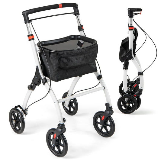 LIVSK Lichtgewicht Opvouwbare Rollator - Verstelbare Duwbeugel - Grote Opbergmand en Dienblad - Voor 160-185 cm - Wit + Zwart