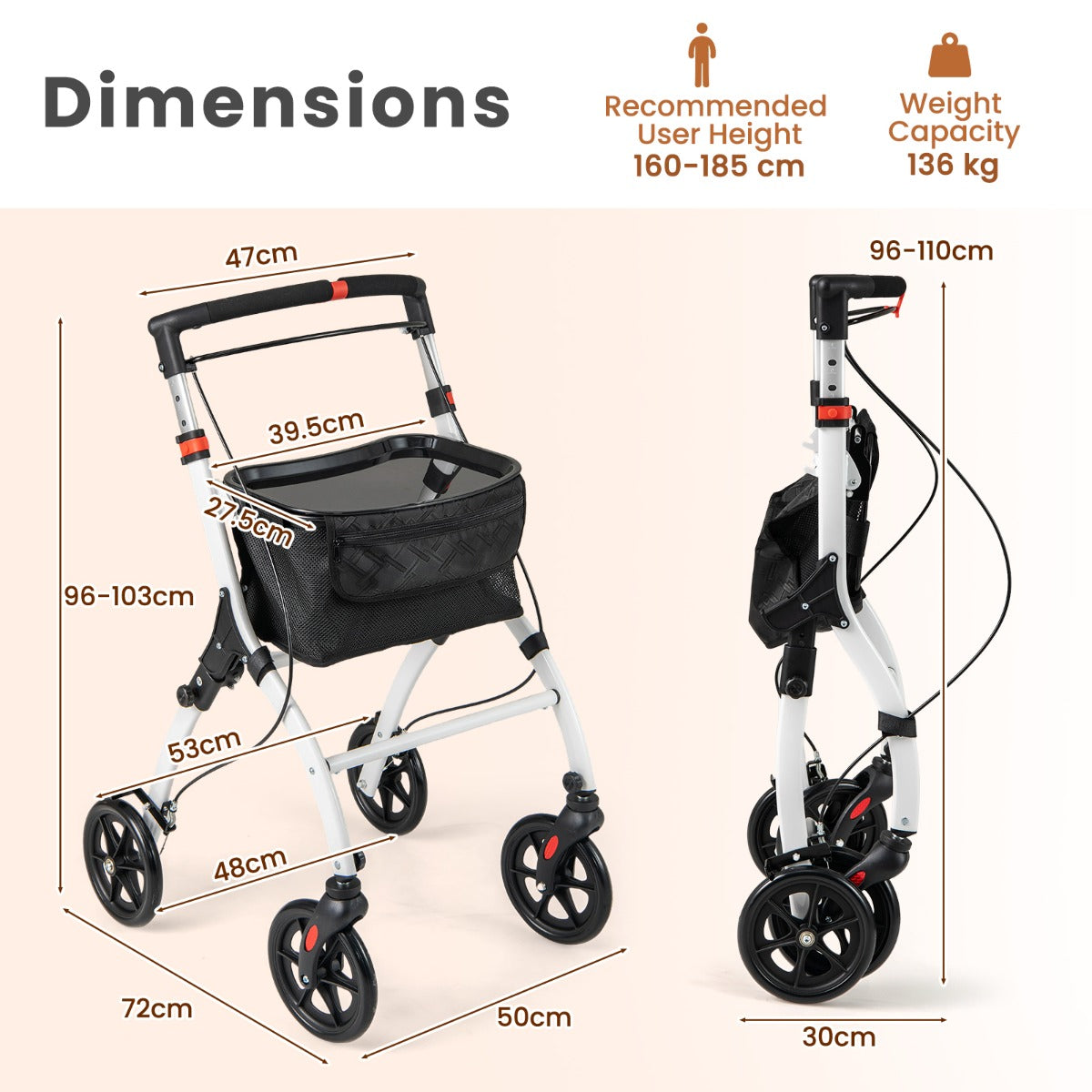 LIVSK Lichtgewicht Opvouwbare Rollator - Verstelbare Duwbeugel - Grote Opbergmand en Dienblad - Voor 160-185 cm - Wit + Zwart