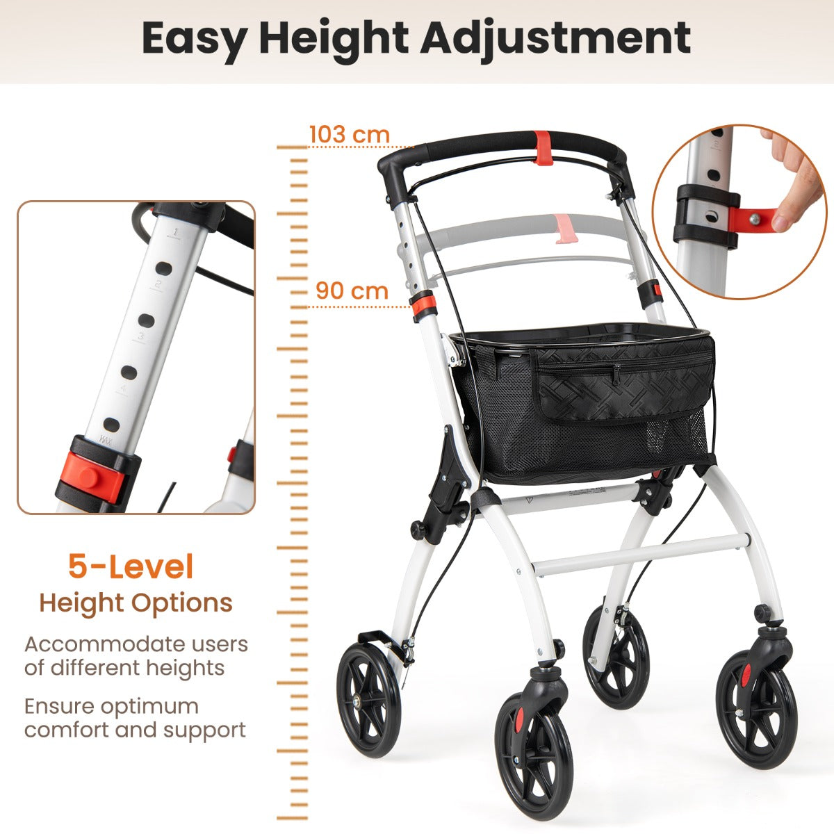 LIVSK Lichtgewicht Opvouwbare Rollator - Verstelbare Duwbeugel - Grote Opbergmand en Dienblad - Voor 160-185 cm - Wit + Zwart