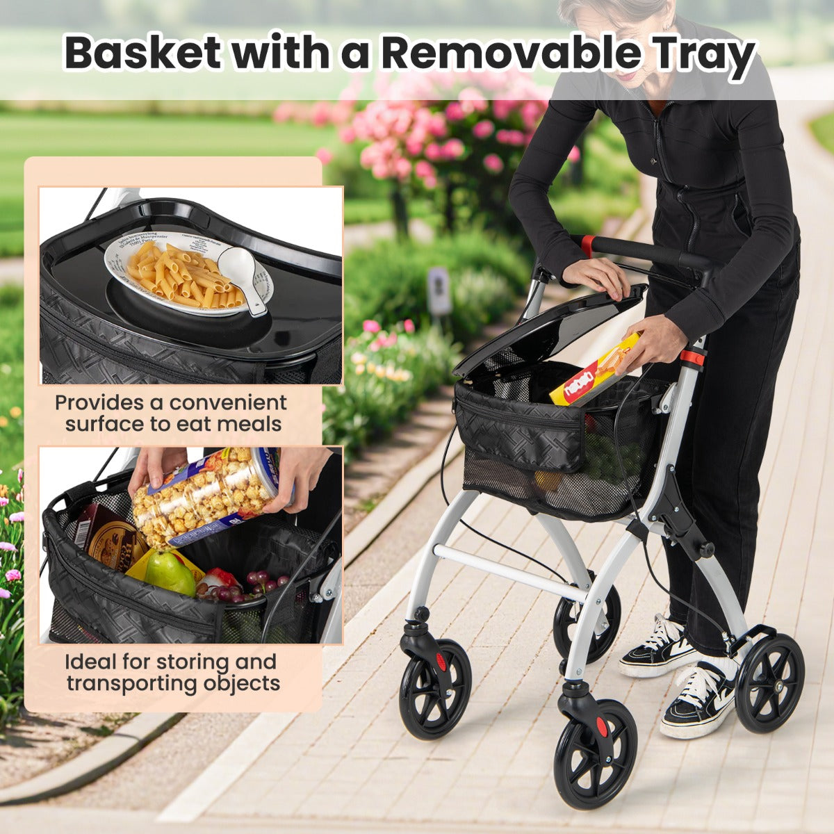 LIVSK Lichtgewicht Opvouwbare Rollator - Verstelbare Duwbeugel - Grote Opbergmand en Dienblad - Voor 160-185 cm - Wit + Zwart