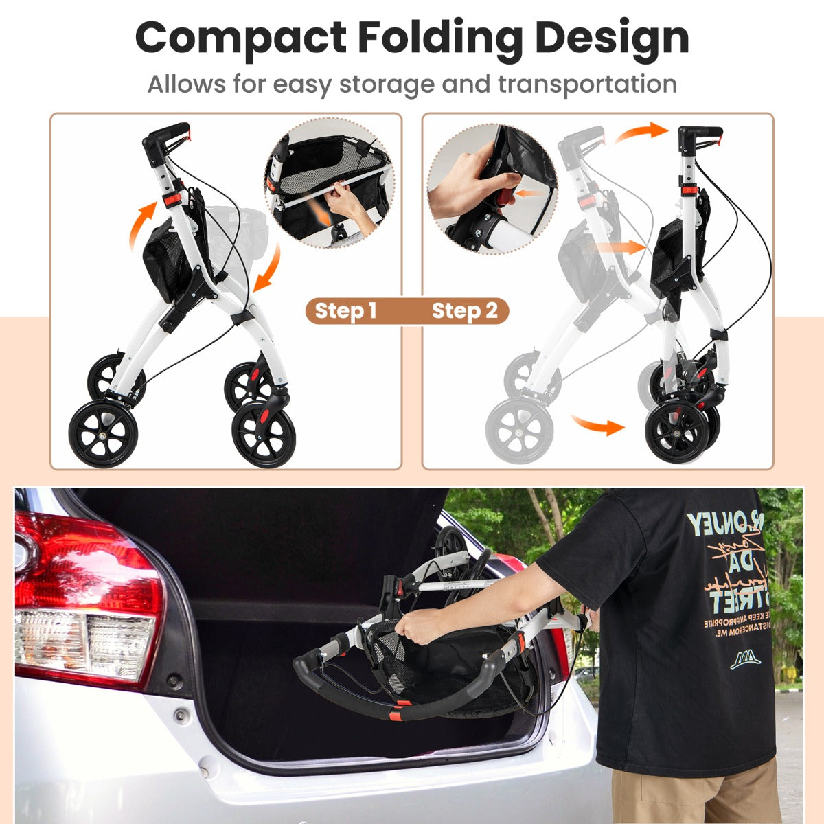 LIVSK Lichtgewicht Opvouwbare Rollator - Verstelbare Duwbeugel - Grote Opbergmand en Dienblad - Voor 160-185 cm - Wit + Zwart