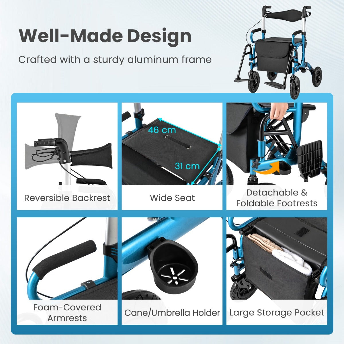 Livsk costway opvouwbare rollator voor ouderen en rolstoelhelling met plaat rollator met stoel en helling voor drempels en traptreden 5