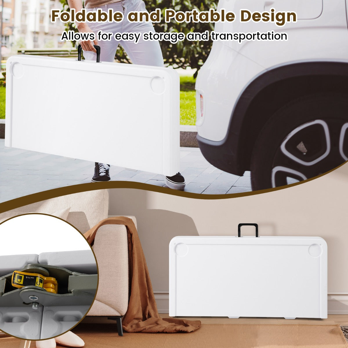 LIVSK Opvouwbare Vierkante Tafel - HDPE Blad met Stevige Metalen Poten - Inclusief 4 Bekerhouders - Multifunctioneel - 90 cm -