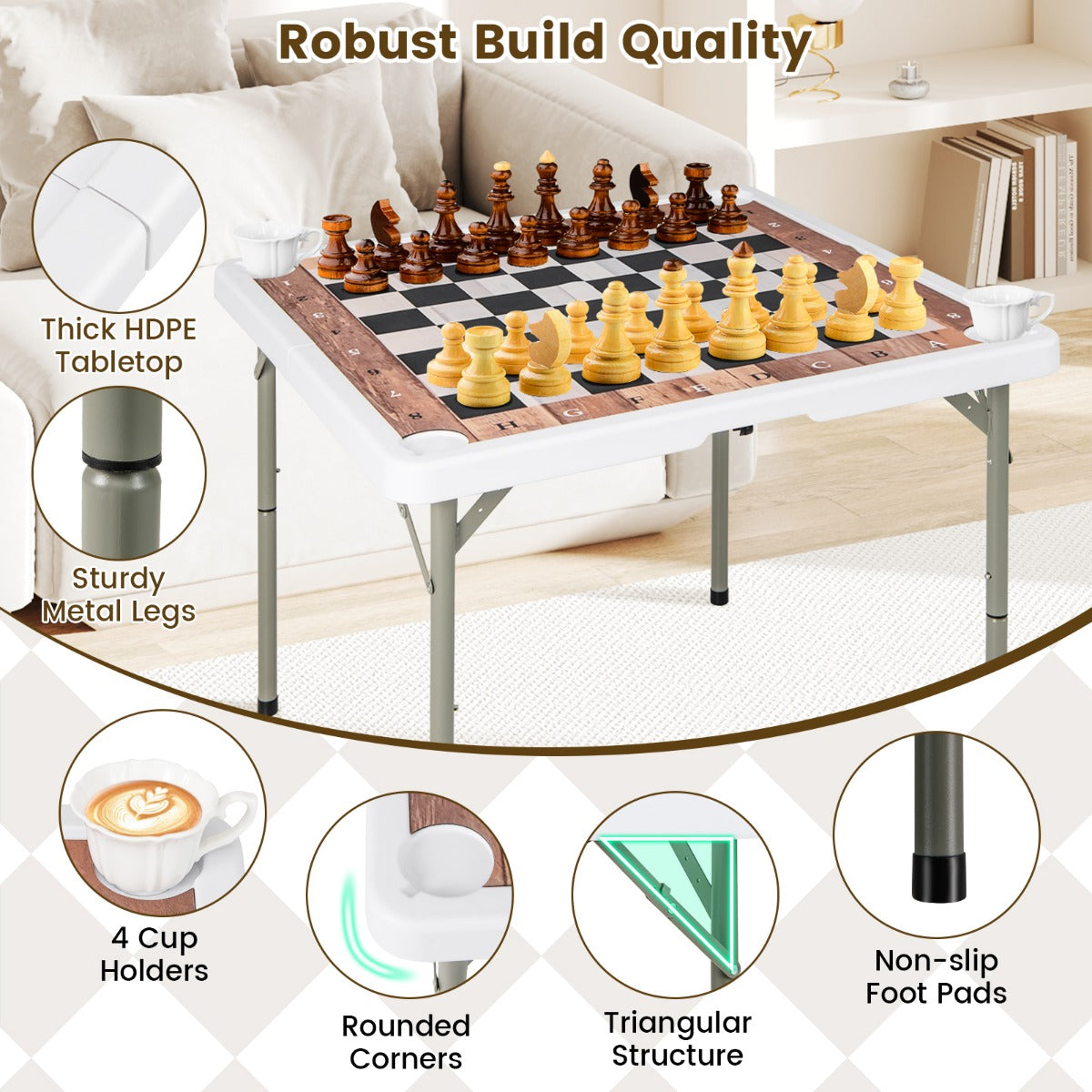 LIVSK Opvouwbare Vierkante Tafel - HDPE Blad met Stevige Metalen Poten - Inclusief 4 Bekerhouders - Multifunctioneel - 90 cm -