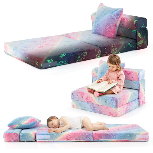 LIVSK Opklapbare Kinderslaapbank - Vloermatras en Speelbank - Glow-in-the-Dark - Zacht Flanellen Stof - Inclusief Kussen -