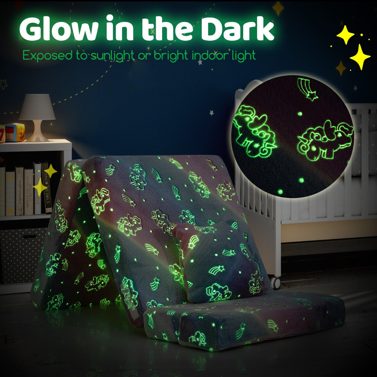LIVSK Opklapbare Kinderslaapbank - Vloermatras en Speelbank - Glow-in-the-Dark - Zacht Flanellen Stof - Inclusief Kussen -