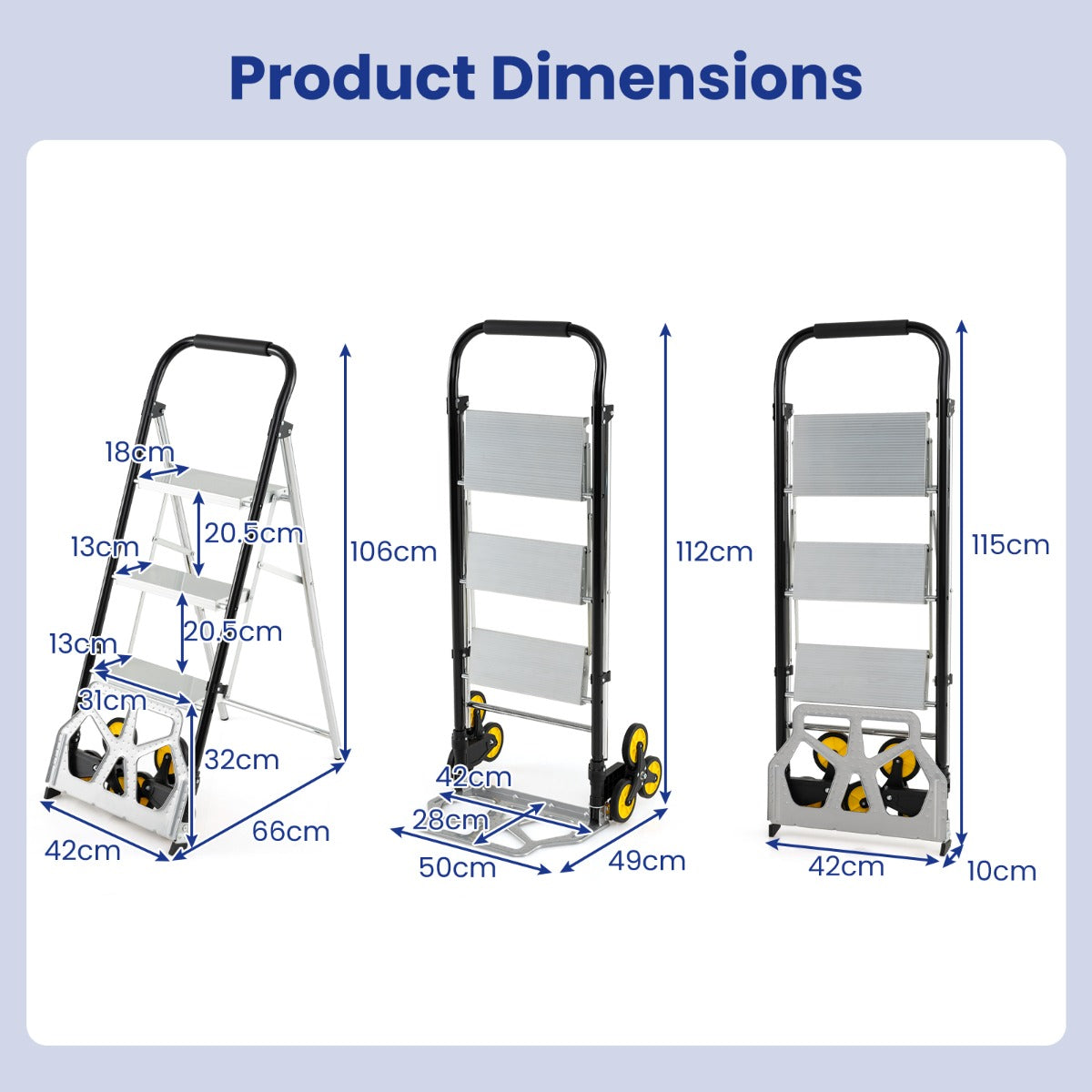 Livsk costway opvouwbare steekwagen en 2 in 1 ladder aluminium trapladder met 3 treden en antislipvoeten 1 1