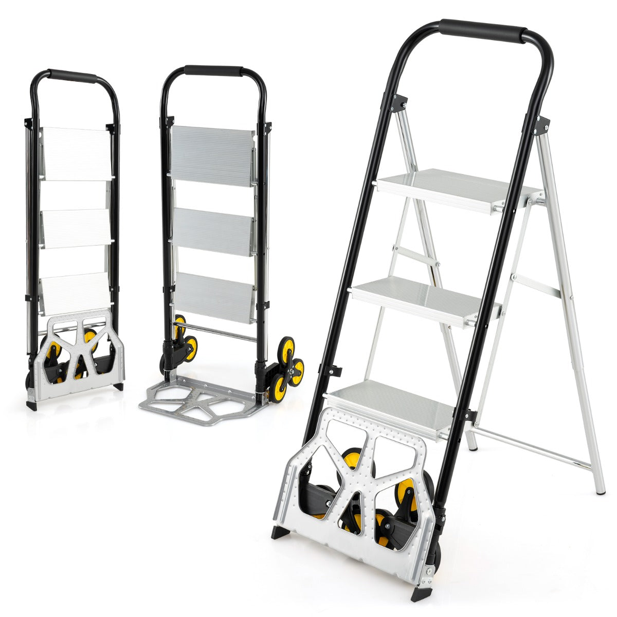 Livsk costway opvouwbare steekwagen en 2 in 1 ladder aluminium trapladder met 3 treden en antislipvoeten