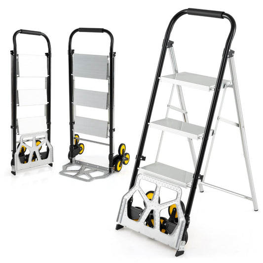 Livsk costway opvouwbare steekwagen en 2 in 1 ladder aluminium trapladder met 3 treden en antislipvoeten