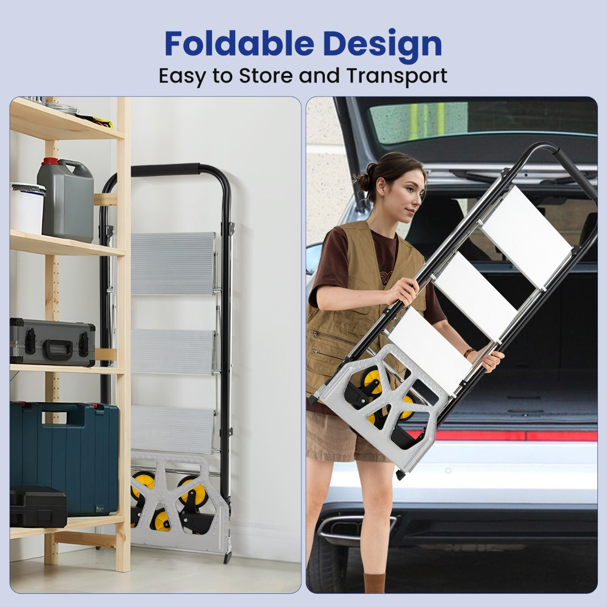 Livsk costway opvouwbare steekwagen en 2 in 1 ladder aluminium trapladder met 3 treden en antislipvoeten 3
