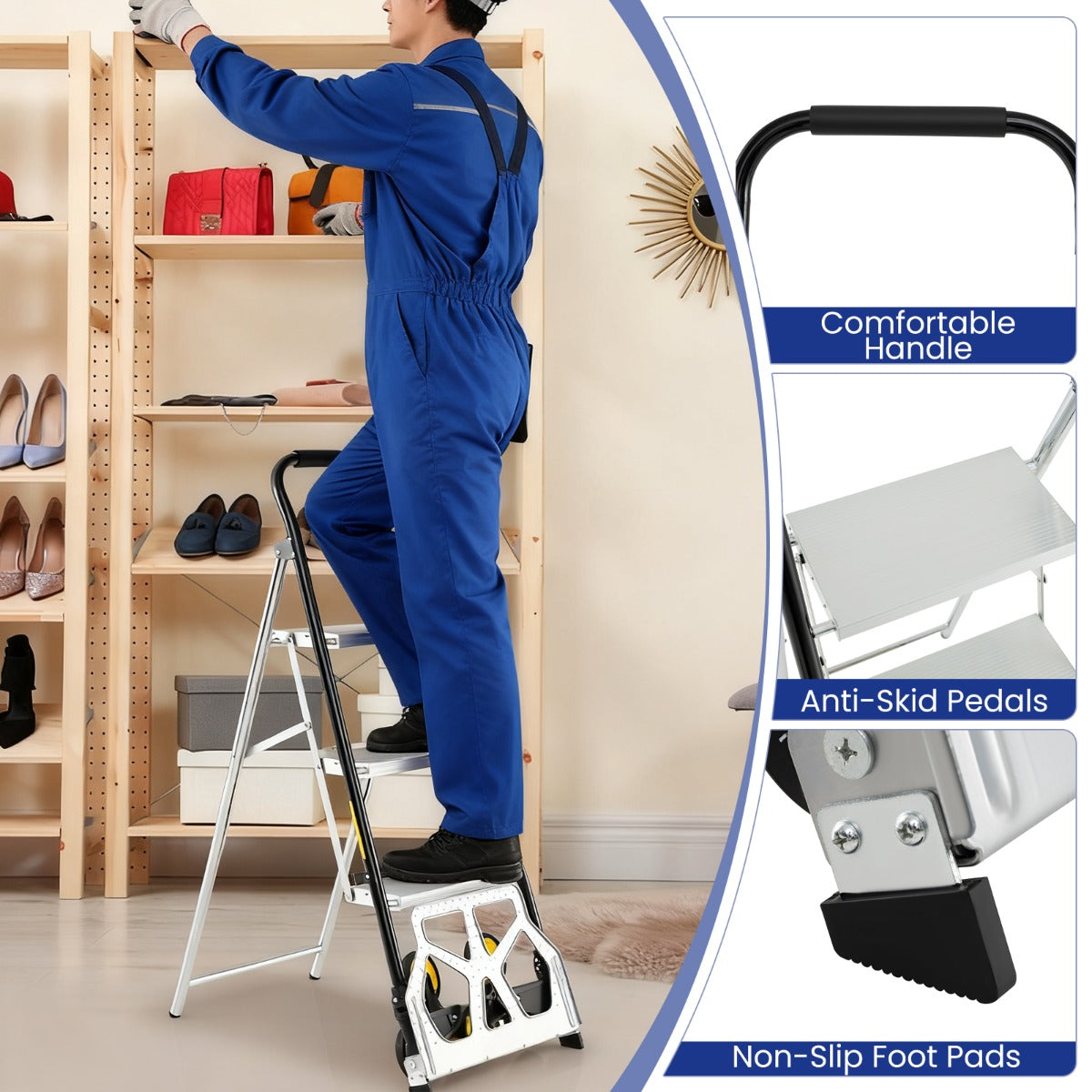 Livsk costway opvouwbare steekwagen en 2 in 1 ladder aluminium trapladder met 3 treden en antislipvoeten 4