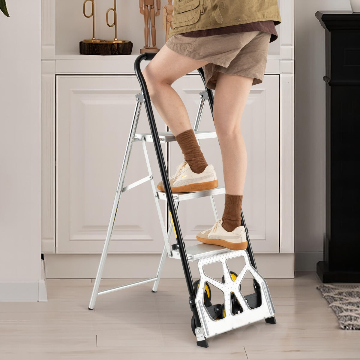 Livsk costway opvouwbare steekwagen en 2 in 1 ladder aluminium trapladder met 3 treden en antislipvoeten 6