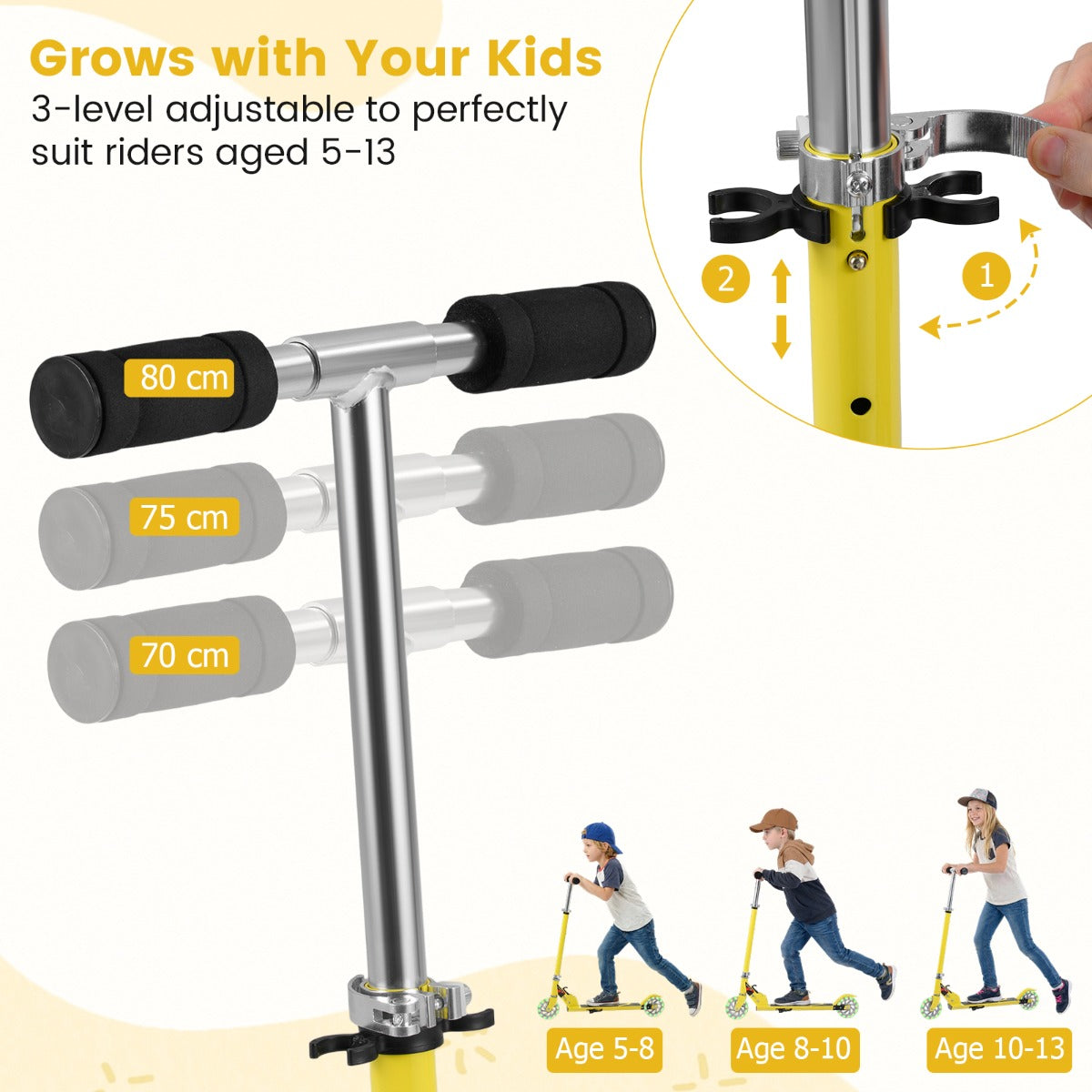 Livsk costway opvouwbare step 3 verstelbaar stuur 2 led verlichte wielen achterrem aluminium frame geel 2