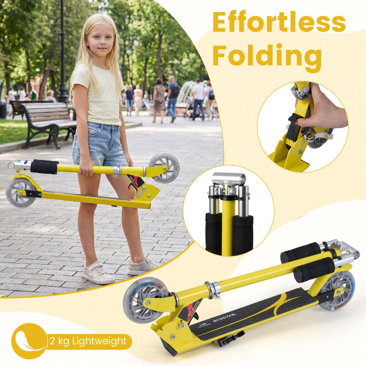 Livsk costway opvouwbare step 3 verstelbaar stuur 2 led verlichte wielen achterrem aluminium frame geel 4