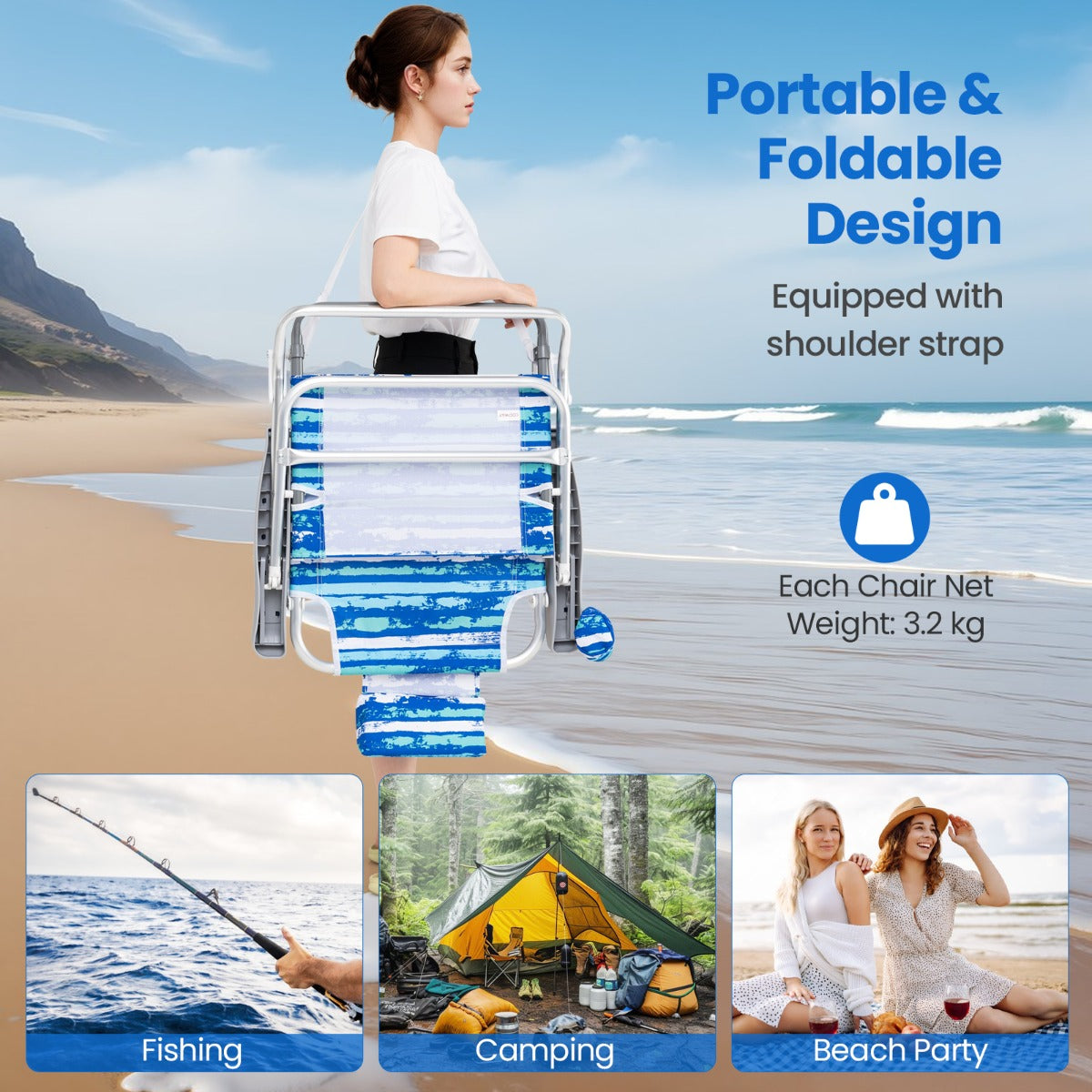 LIVSK Plat Liggende Strandstoelen - Set van 2 - 5 Verstelbare Posities - Gewatteerde Kussens - Bekerhouder - Blauw