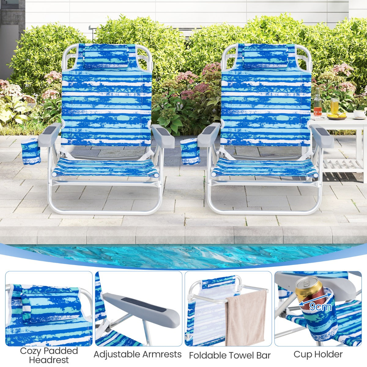 LIVSK Plat Liggende Strandstoelen - Set van 2 - 5 Verstelbare Posities - Gewatteerde Kussens - Bekerhouder - Blauw