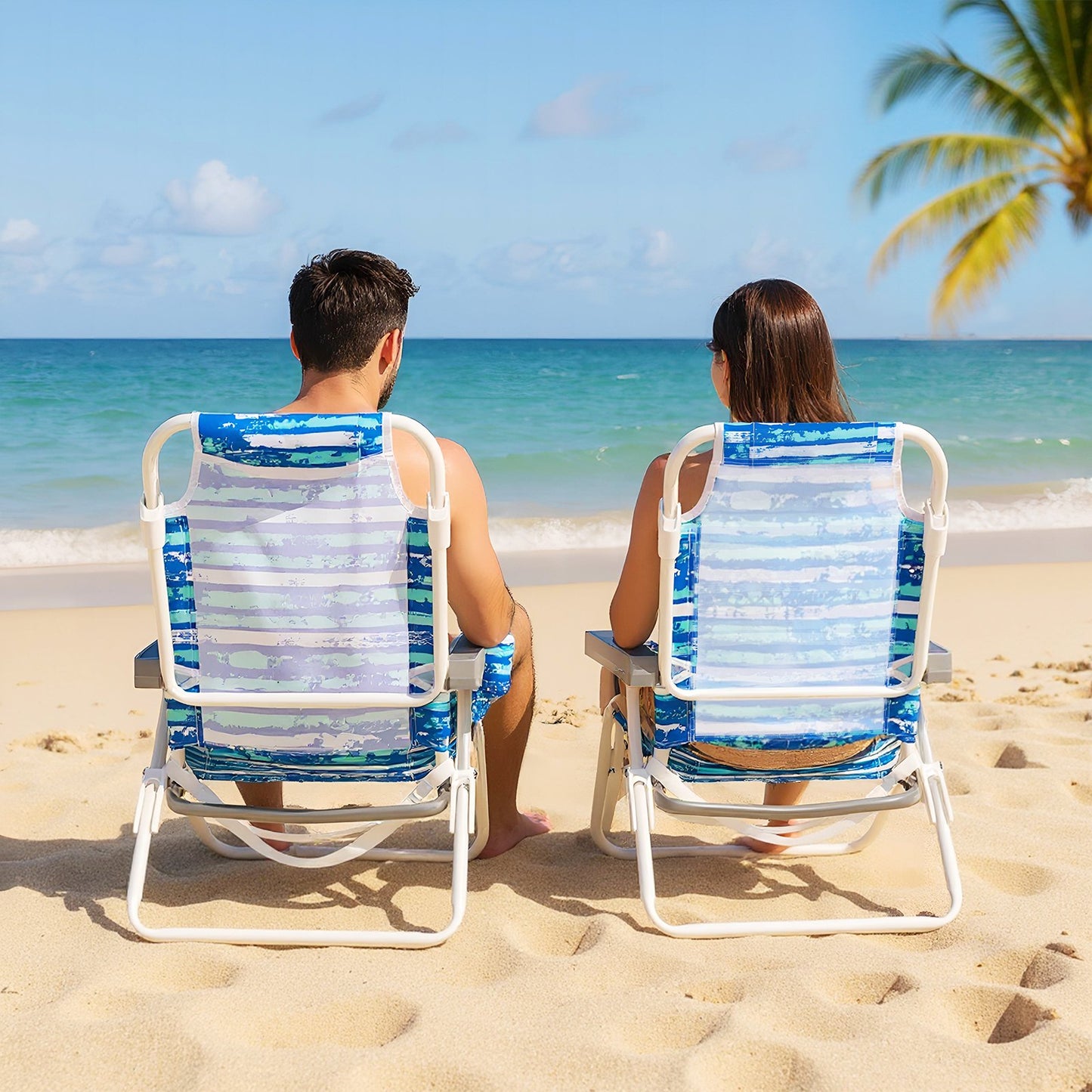 LIVSK Plat Liggende Strandstoelen - Set van 2 - 5 Verstelbare Posities - Gewatteerde Kussens - Bekerhouder - Blauw