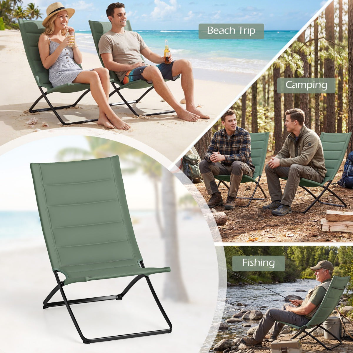 Livsk costway opvouwbare strandstoelen set van 2 opvouwbare campingstoelen met beklede rugleuningen en zittingen groen