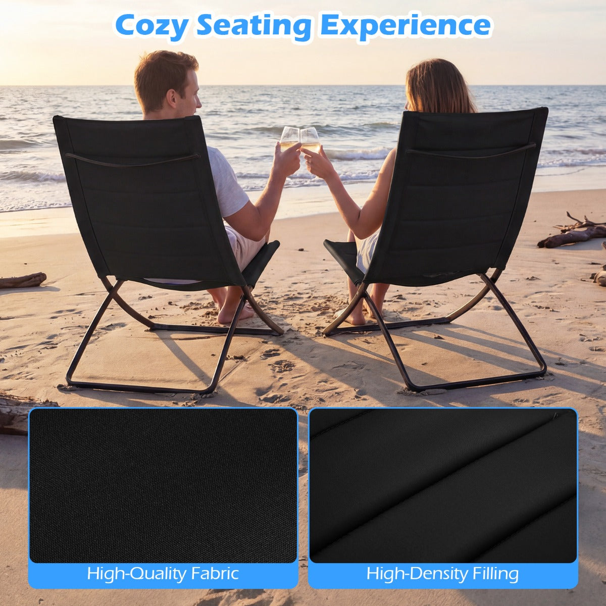 Livsk costway opvouwbare strandstoelen set van 2 opvouwbare campingstoelen met beklede rugleuningen en zittingen zwart
