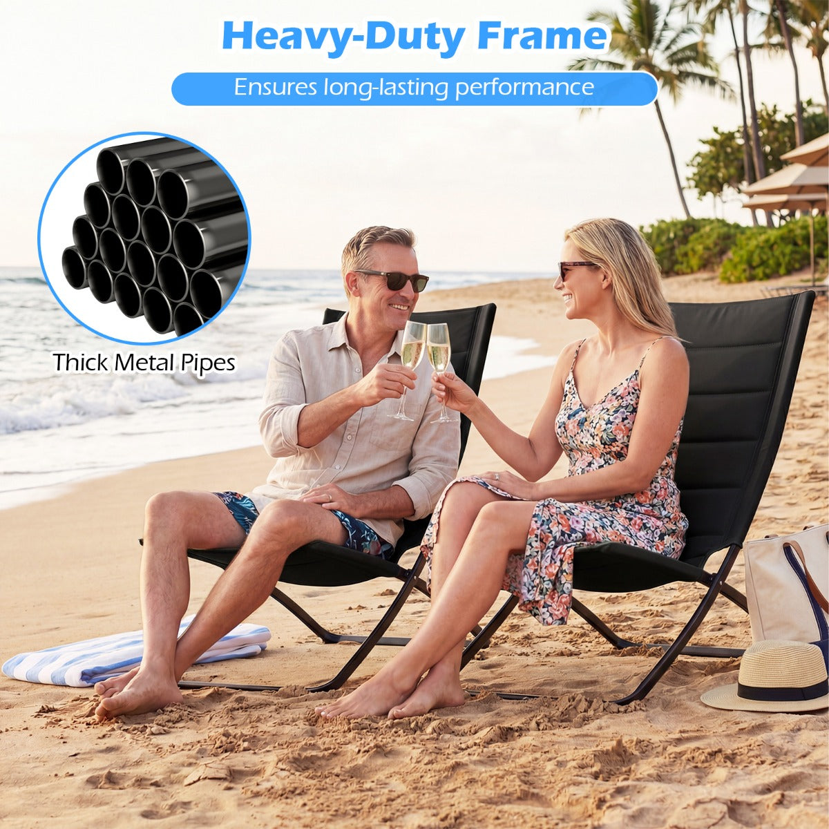 Livsk costway opvouwbare strandstoelen set van 2 opvouwbare campingstoelen met beklede rugleuningen en zittingen zwart