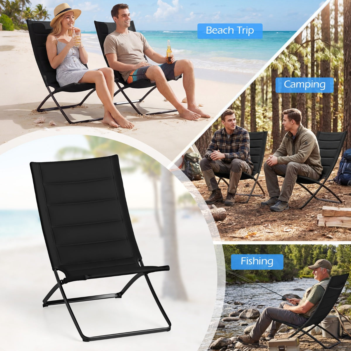Livsk costway opvouwbare strandstoelen set van 2 opvouwbare campingstoelen met beklede rugleuningen en zittingen zwart