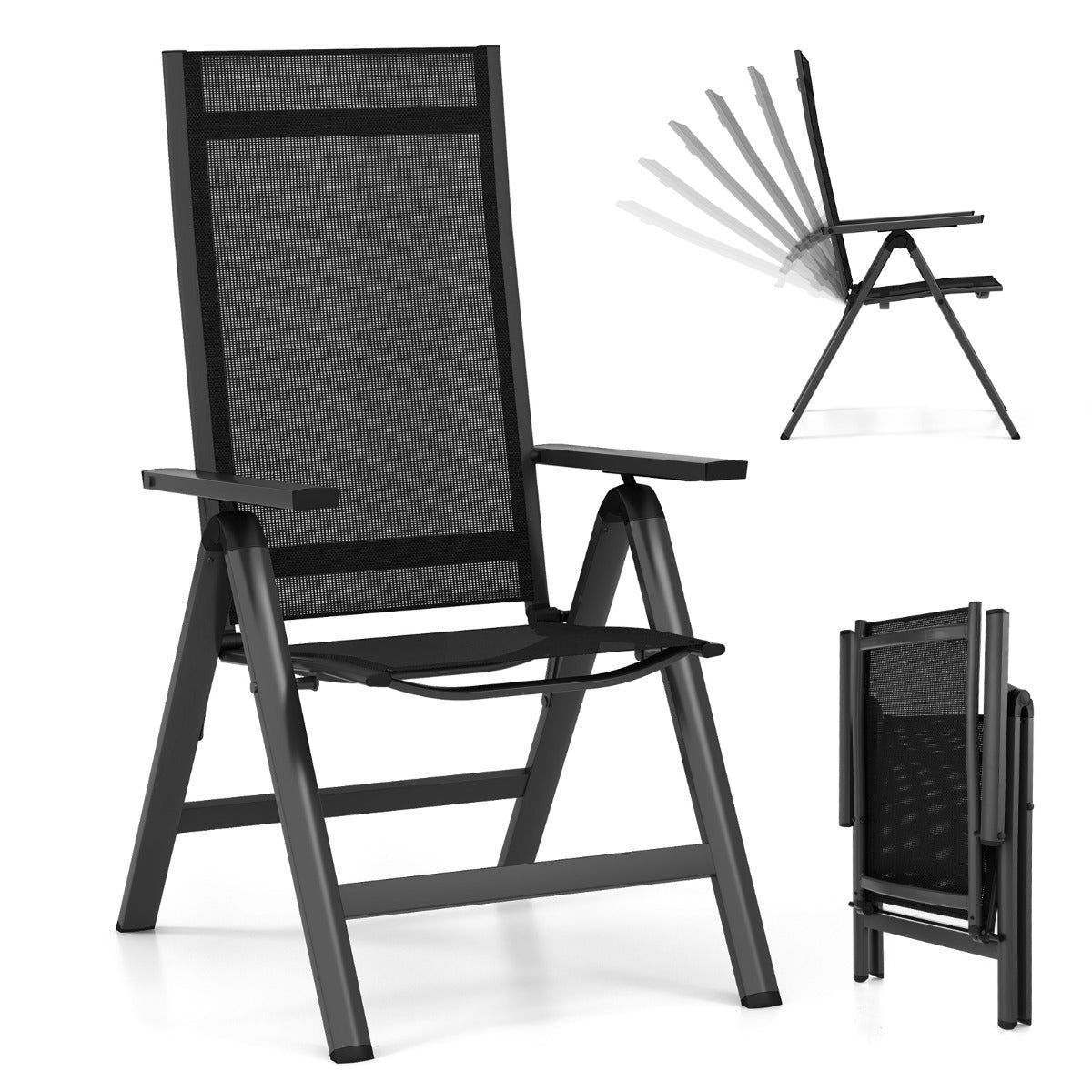 LIVSK Opvouwbare Terrasstoelenset - 7 Verstelbare Standen - Ergonomisch - Draagbaar - Tot 110 kg - Zwart