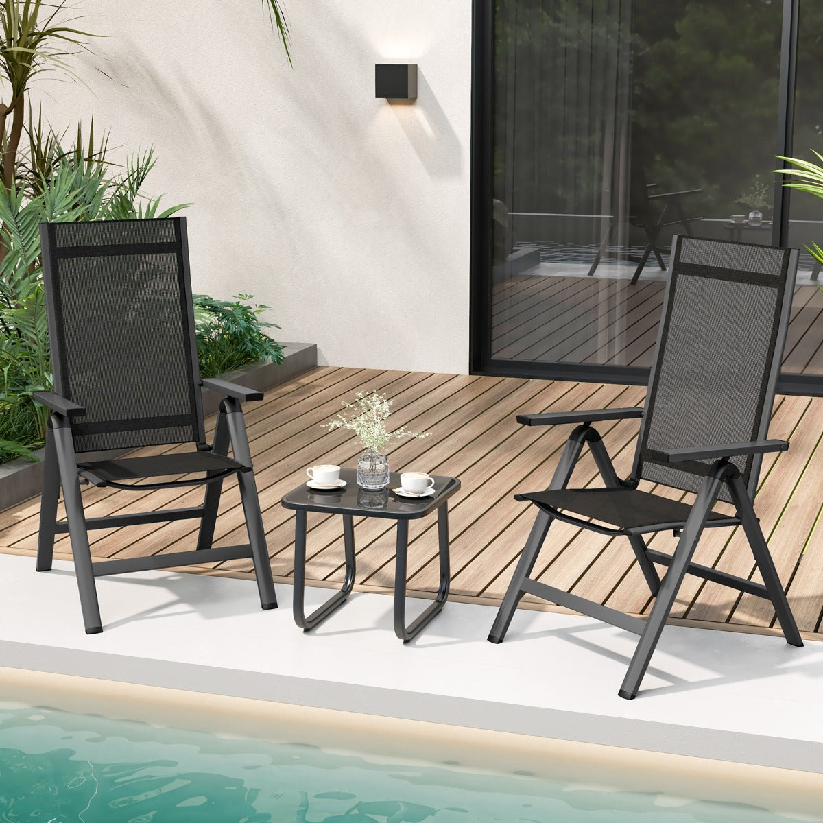 LIVSK Opvouwbare Terrasstoelenset - 7 Verstelbare Standen - Ergonomisch - Draagbaar - Tot 110 kg - Zwart