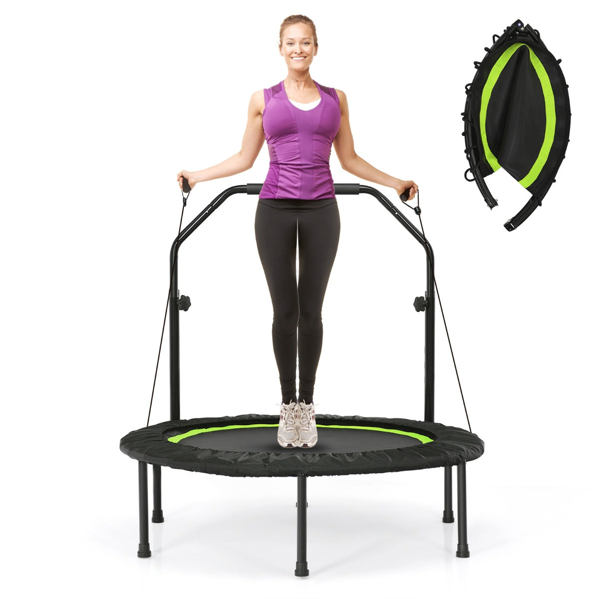 LIVSK Opvouwbare Trampoline 101 cm - 2 Weerstandsbanden - Verstelbare Handgreep - Draagvermogen 150 kg - Zwart + Groen